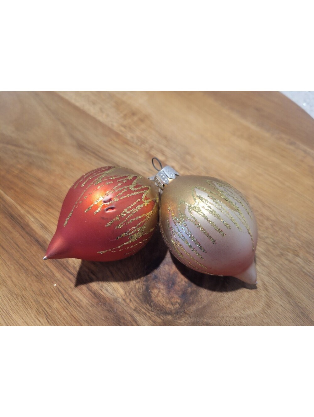 2 Vintage Teardrop Blown Glass Hand Painted Mica Glitter Christmas Ornaments 3"